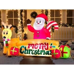 Christmas Santa‎ Claus Reindeer Sign 10ft Inflatable Blow Up Lawn Decor LED